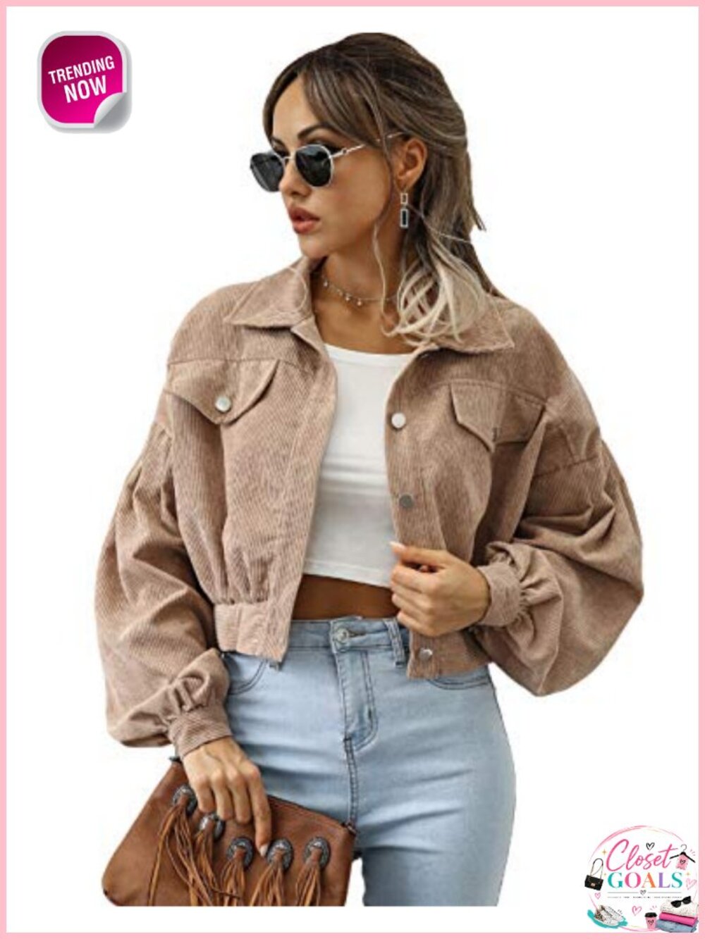 Corduroy Cropped Button Down Puff Sleeve Shacket Coat